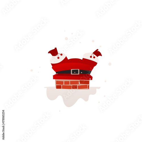 vector flat cartoon santa claus in red holiday christmas uniform stuck in the chimney on the roof. Holiday illustration isolated on a white background.