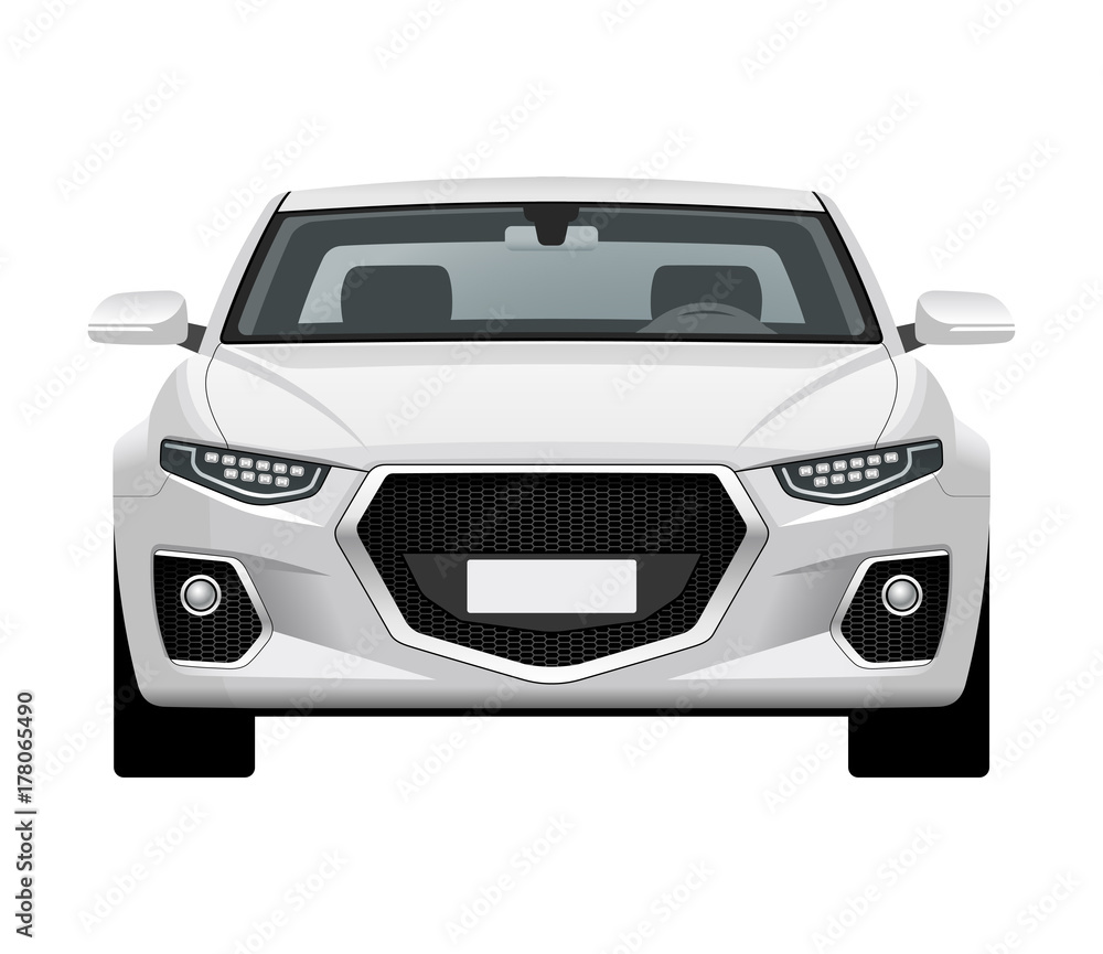 Modern generic car. Front view of realistic detailed vector car. Middle class sedan isolated on white background.