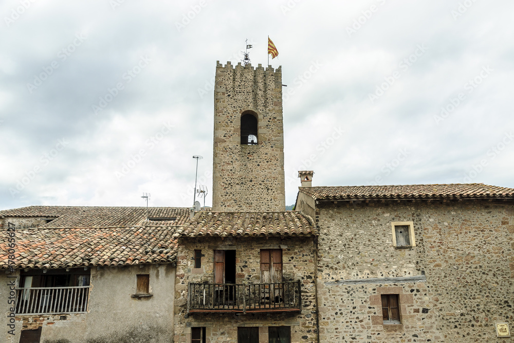 balcony and tower of the medieval people of Saint Pau, Gerona, Spain.