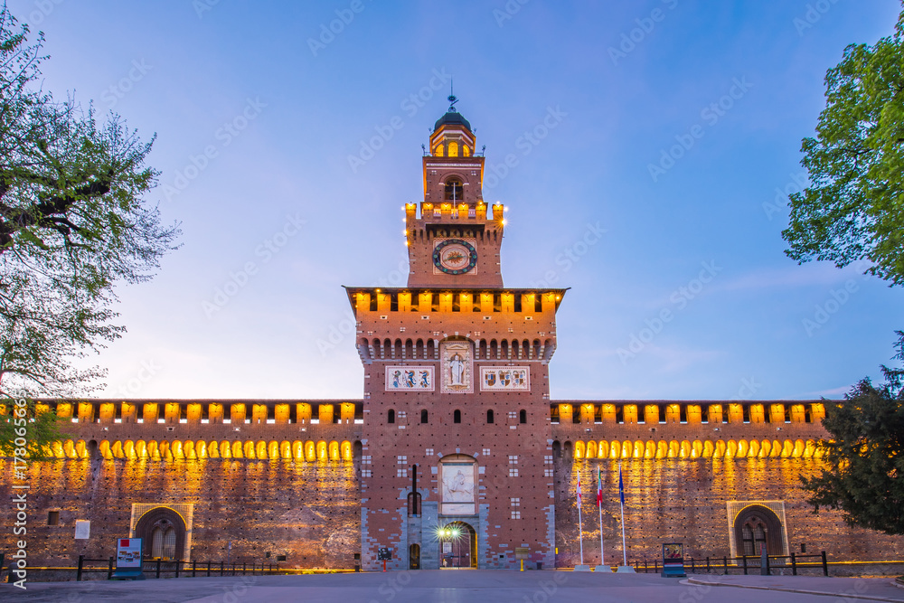 Castello Sforzesco or Sforza Castle in Milan, Italy at night