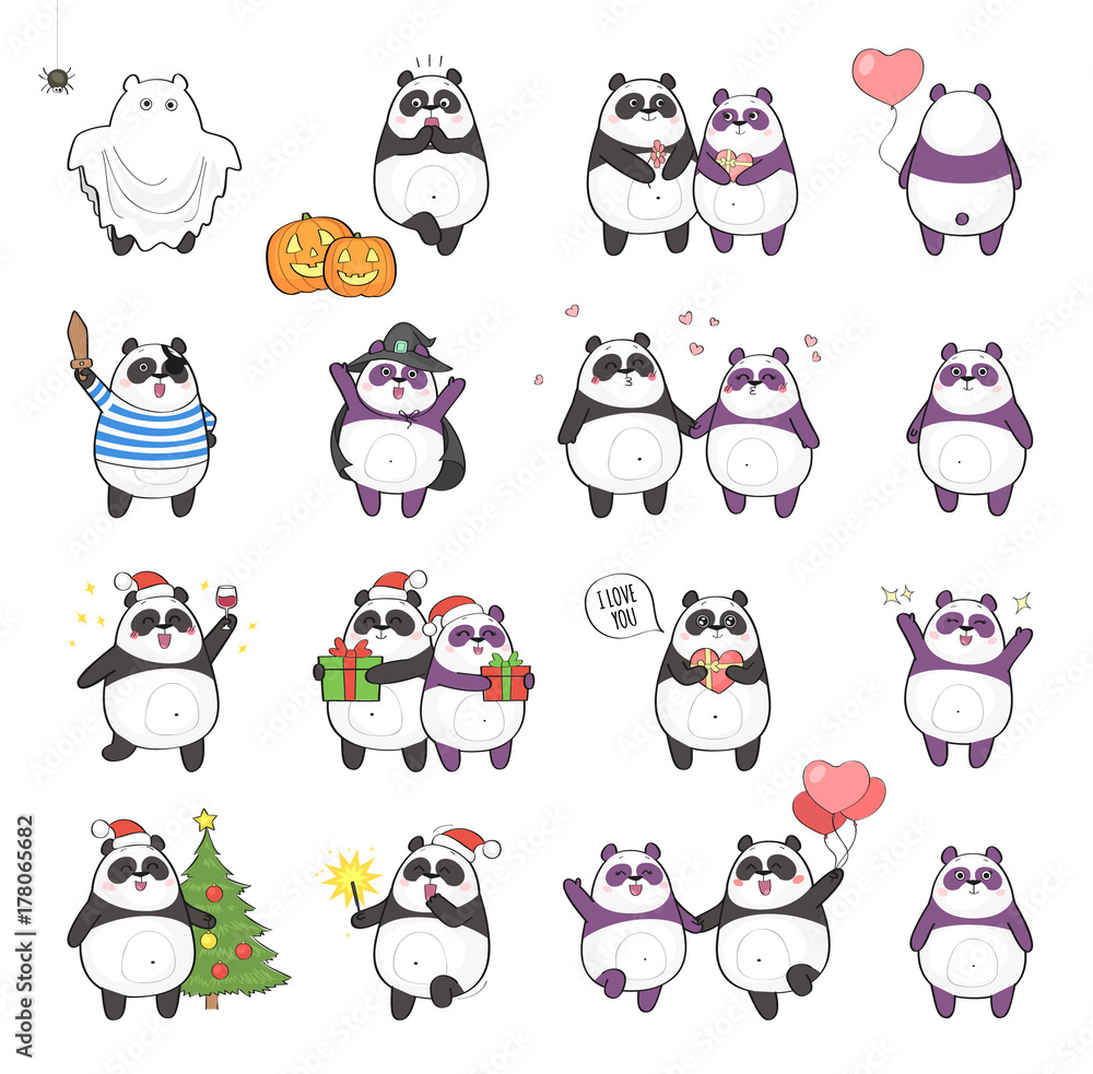 Fototapeta premium Set of cute panda character with different emotions, isolated on white background. Holidays set: Christmas, Halloween, Saint Valentine's Day.