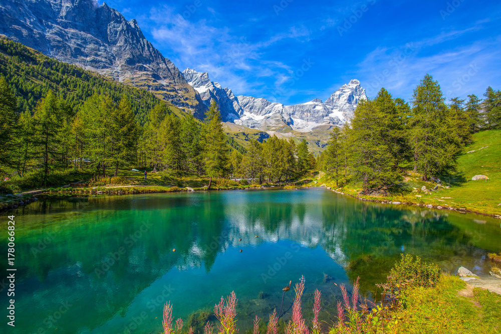 View of the Blue lake (Lago Blu) near Breuil-Cervinia and Cervino Mount (Matterhorn) in Val D'Aosta,Italy
