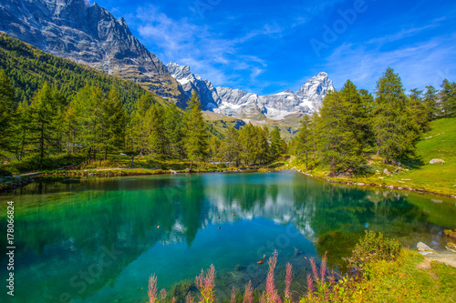 View of the Blue lake  Lago Blu  near Breuil-Cervinia and Cervino Mount  Matterhorn  in Val D Aosta Italy