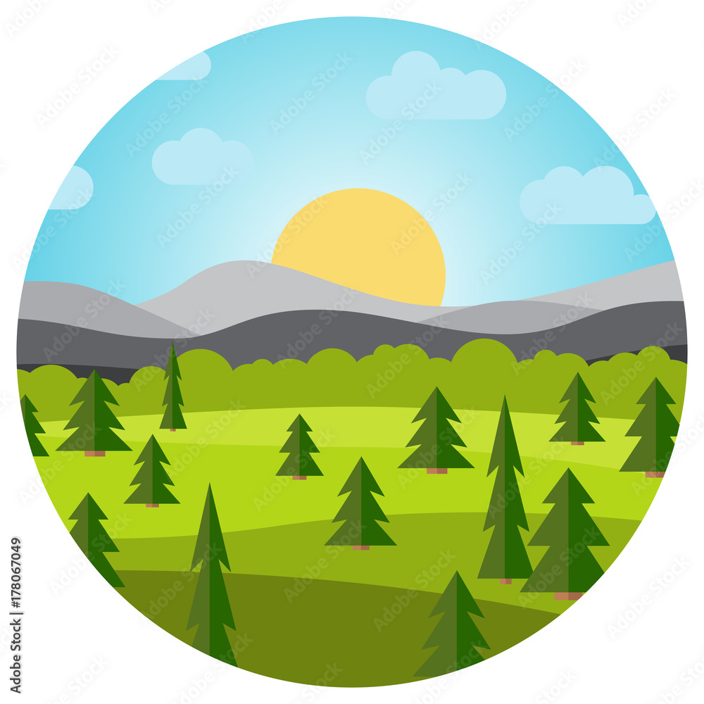 Vector landscape with field and trees and mountains in circle. Early morning with the rising of the sun on the horizon. Vector illustration.
