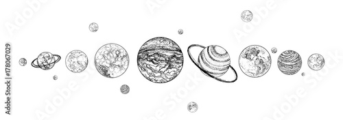 Planets lined up in row. Solar system drawn in monochrome colors. Gravitationally bound celestial bodies in outer space. Natural cosmic objects arranged in horizontal line. Vector illustration.