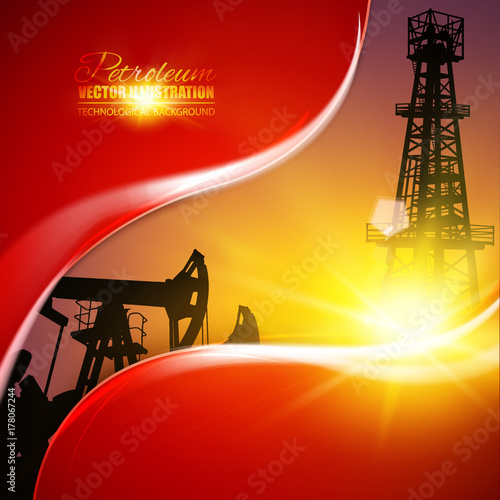 Oil derrick industrial machine for drilling and oil pump at the sunset. Abstract form with flash lines on red background. Vector illustration.