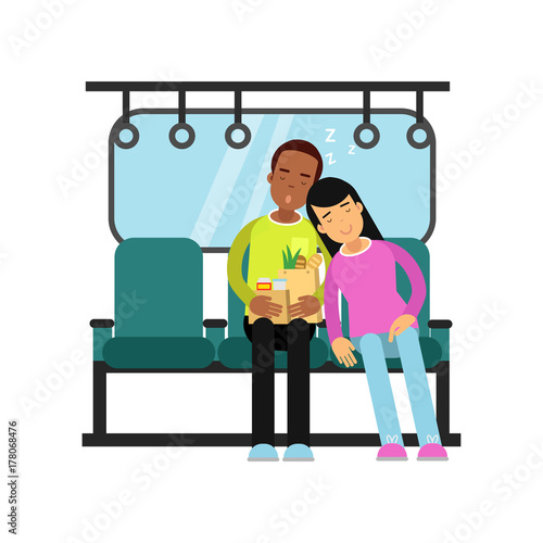 Young man and woman sleeping in the train cartoon vector illustration