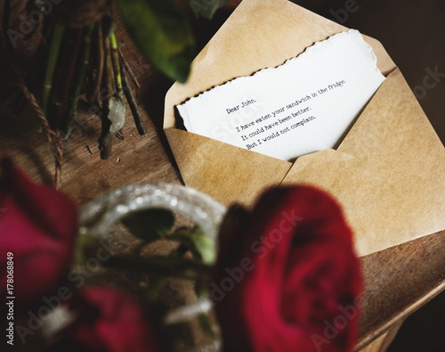 Letter Envelope Note Message with Roses Flower photo