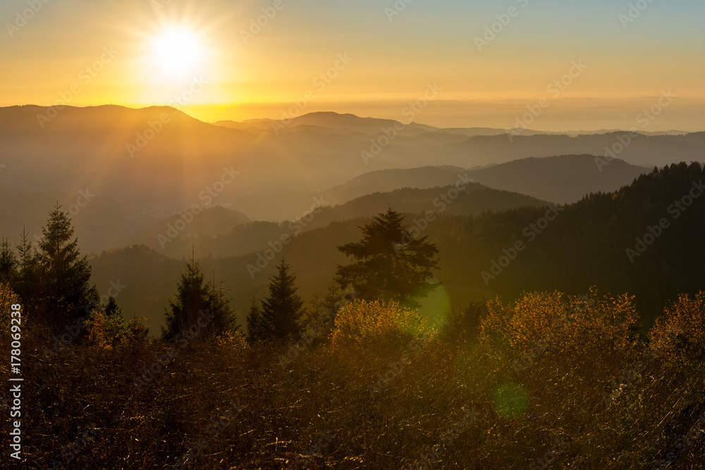 Autumn landscape - Black Forest. Panoramic view over the autumnal Black Forest, the Rhine valley and the Vosges (France) in the distance at sunset.