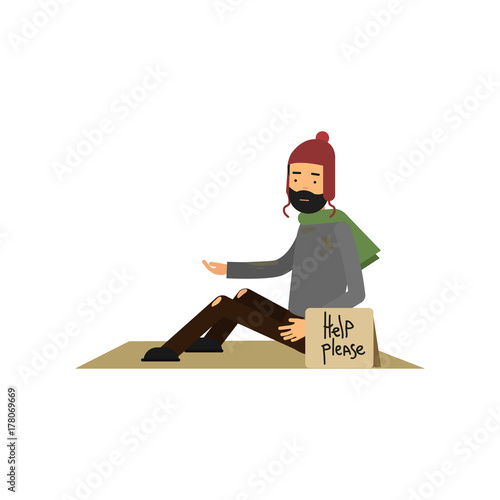 Homeless man in ragged clothes sitting on street asking for help, unemployment man needing for help cartoon vector illustration