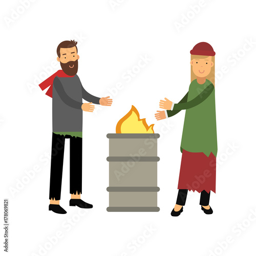 Homeless man and woman warming themselves near the fire, unemployment people needing for help vector illustration