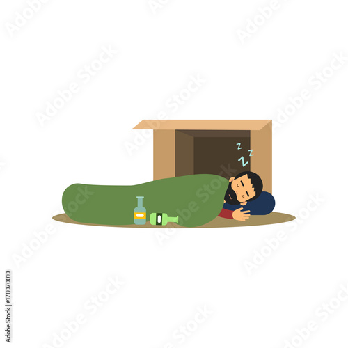 Homeless man character sleeping on the street in cardboard box, unemployment male needing for help cartoon vector illustration