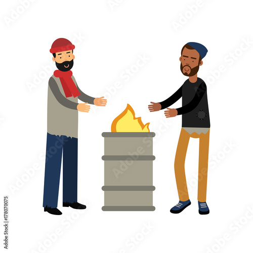 Homeless men warming themselves near the fire, unemployment people needing for help cartoon vector illustration