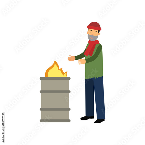 Homeless man warming himself near the fire, unemployment people needing for help cartoon vector illustration