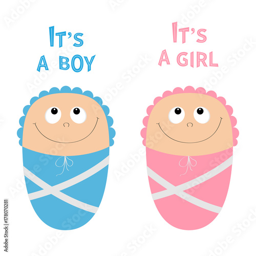 Baby shower card. Its a boy girl. Cute cartoon character set. Funny head looking up. Smiling face with eyes, nose, mouth smile. Pink swadding cloth and hat. Flat design. White background.