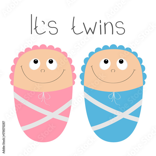 Baby shower card. Its twins. Boy girl. Cute cartoon character set. Funny head looking up. Smiling face with eyes, nose, mouth smile. Pink swadding cloth and hat. Flat design. White background.