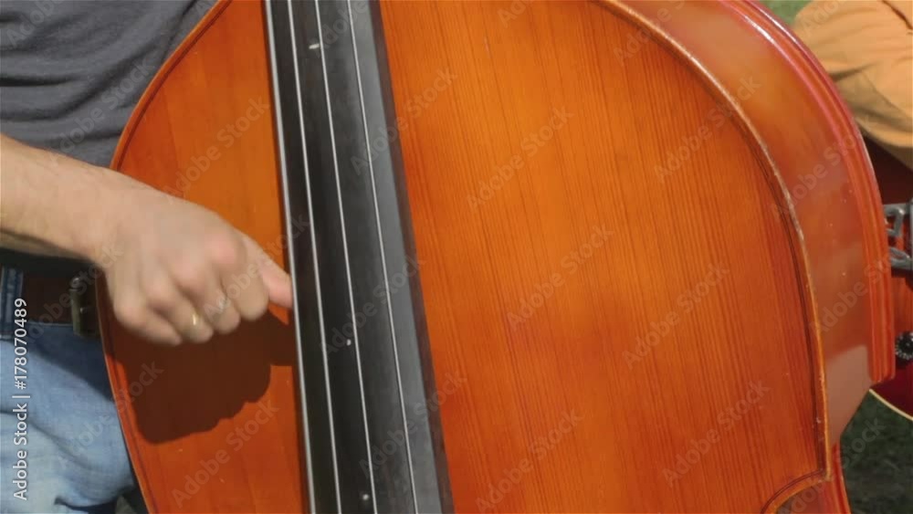Contrabass jazz player playing music outdoor Contrabass jazz player playing music outdoor
