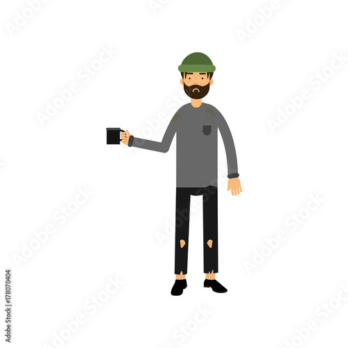 Homeless man with cup standing on the street asking for help, unemployment man needing for help cartoon vector illustration