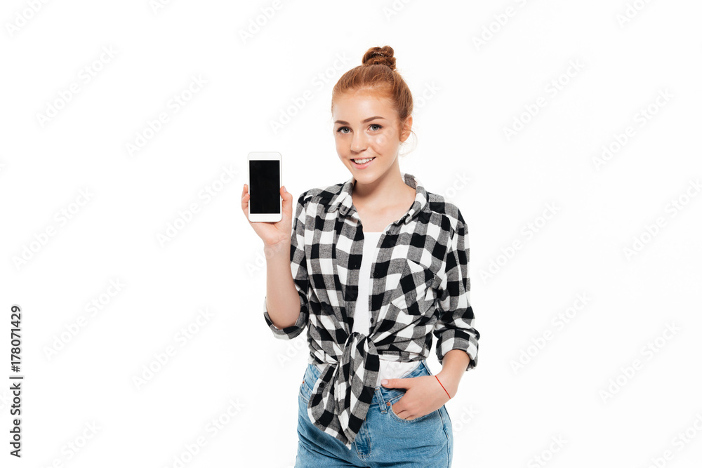 Happy ginger woman in shirt and jeans Happy ginger woman in shirt and jeans
