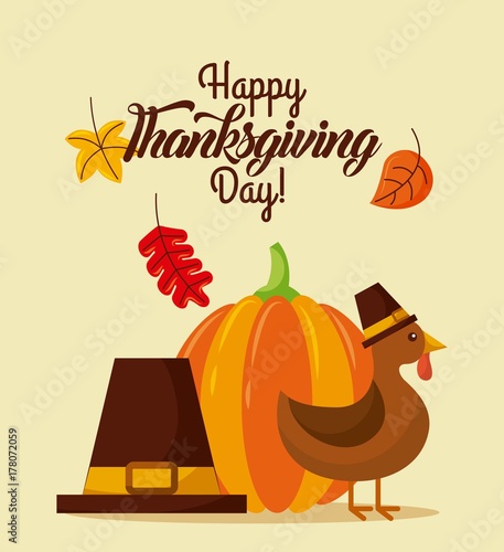 happy thanksgiving day with beautiful turkey bird and pilgrim hat autumn leaves