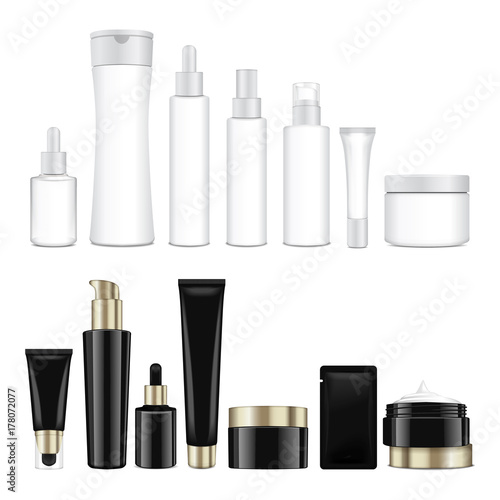 Set of realistic black and white cosmetic container and tube for cream, ointment, toothpaste, lotion Mock up bottle. Gel, powder, balsam, with design label