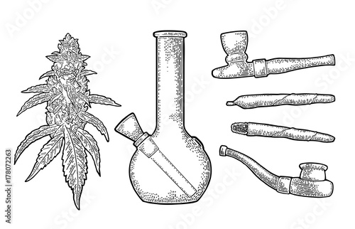 Cigarettes, pipe, lighter, buds cannabis. Vintage engraving