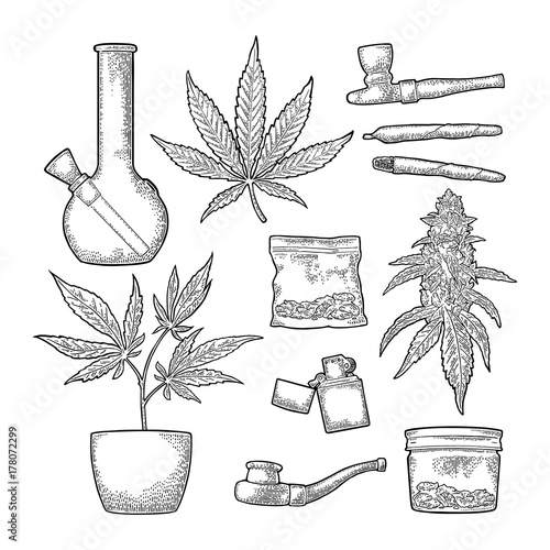 Cigarettes, pipe, lighter, buds cannabis. Vintage engraving