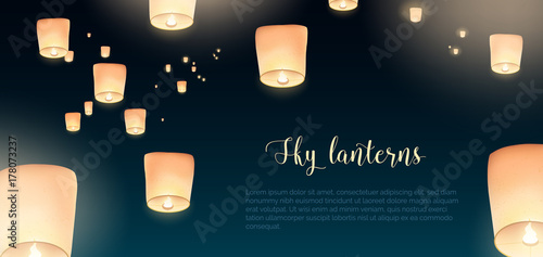 Gorgeous horizontal banner with glowing Kongming flying lanterns floating in evening sky and place for text. Background with national Chinese holiday airborne decorations. Colored vector illustration.