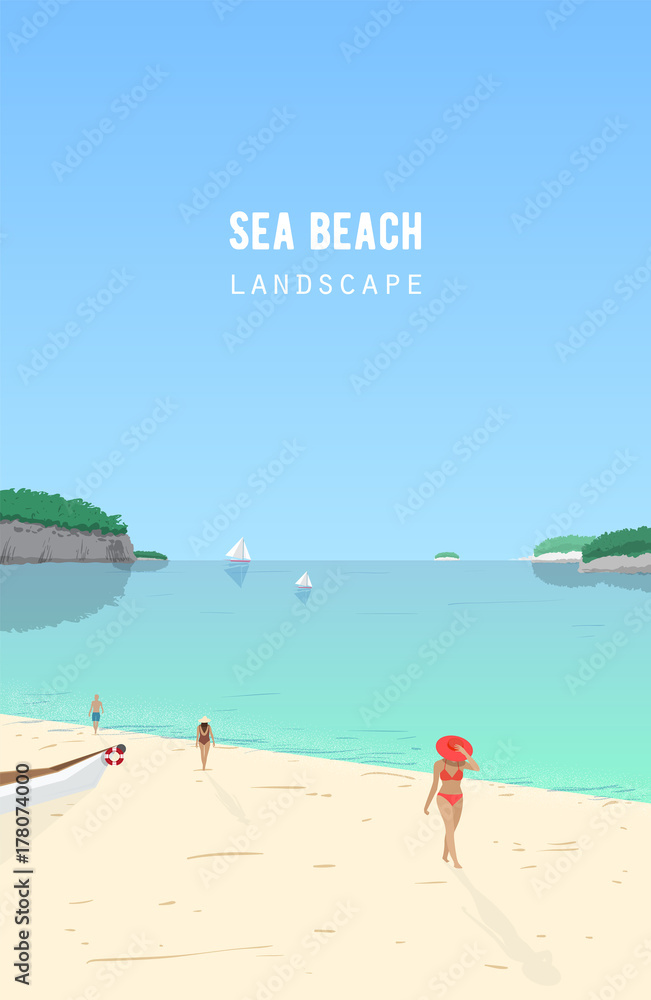 Seascape with people walking on sand beach and sail boats floating in azure sea. Seaside landscape with ocean coast and yachts on horizon. Summer vacation, tropical resort. Vector illustration.