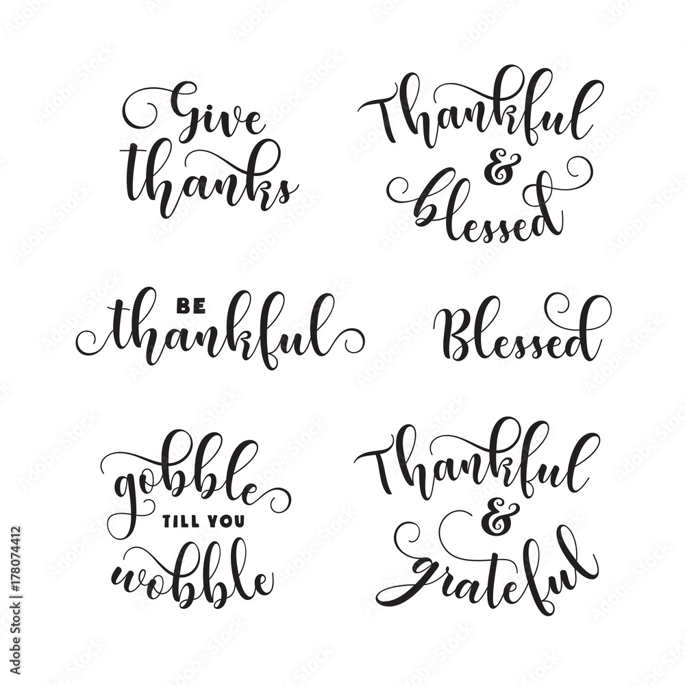 Thanksgiving day quotes calligraphy set. Vector vintage illustration.