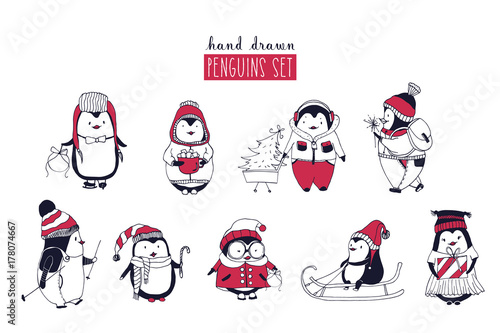 Collection of cute penguins wearing different winter clothing and hats isolated on white background. Set of cartoon arctic animals riding on sled, skiing, holding Christmas gifts. Vector illustration.