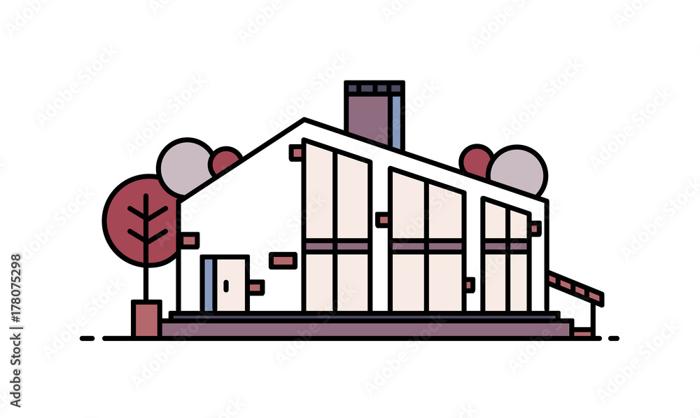 Living house built using natural materials in modern architectural style. Beautiful residential building isolated on white background. Ecological architecture and design. Flat vector illustration. Living house built using natural materials in modern architectural style. Beautiful residential building isolated on white background. Ecological architecture and design. Flat vector illustration.