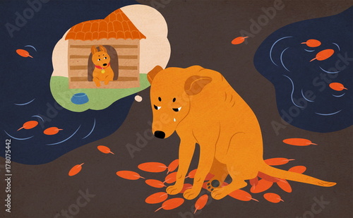 Sad homeless dog sitting on street covered with autumn leaves and puddles, crying and dreaming of adoption and home. Heartbreaking scene with cartoon stray animal. Colorful vector illustration.