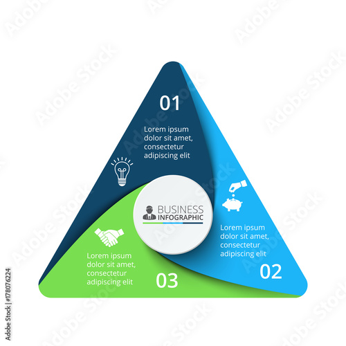 Vector triangle element for infographic. Template for cycle diagram, graph, presentation and chart. Business concept with 3 options, parts, steps or processes.