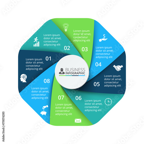 Vector octagon element for infographic. Template for cycle diagram, graph, presentation and chart. Business concept with 8 options, parts, steps or processes. Abstract background.