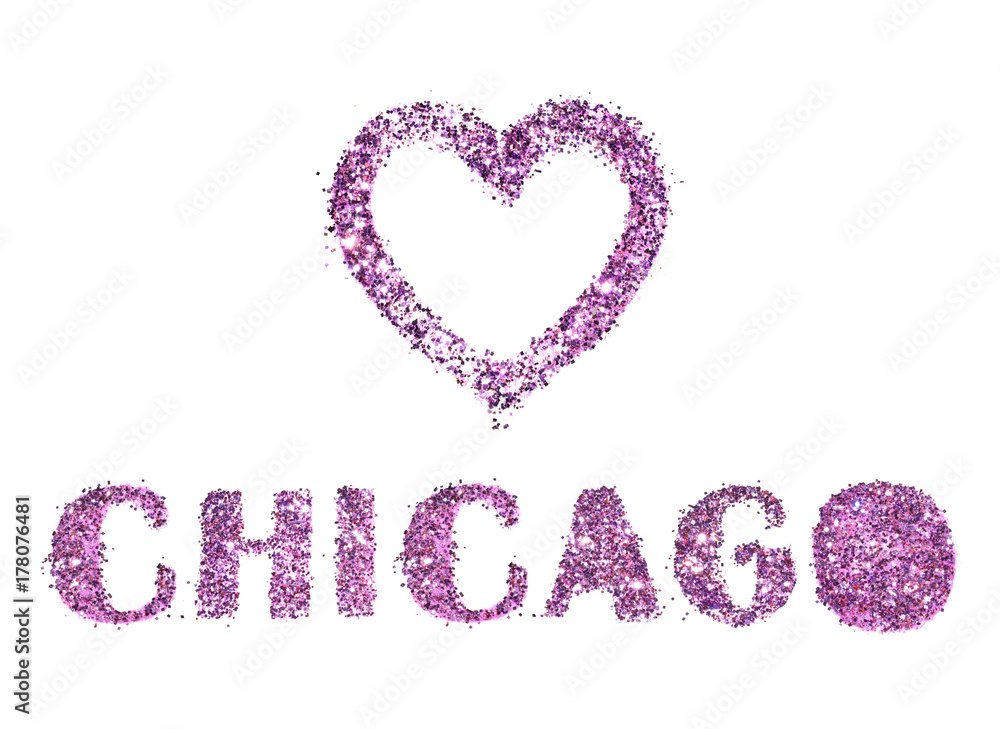 Love Chicago, heart and city name of purple glitter isolated on white background
