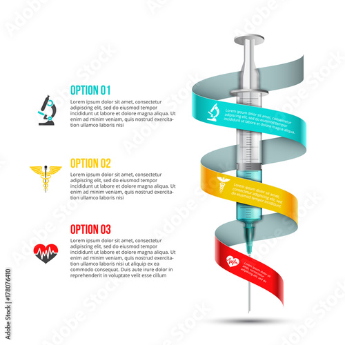 Vector syringe infographic. Medical and healthcare template for presentation with 3 steps, options, parts or processes.