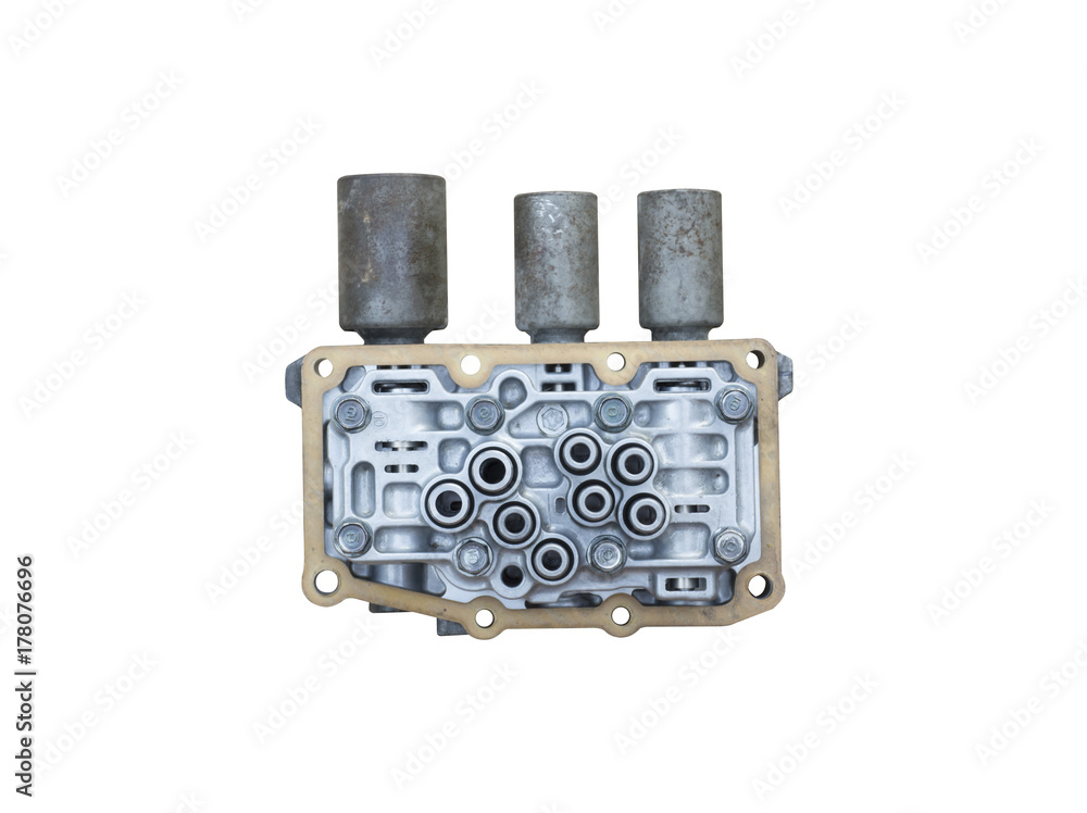 Interior view of old Transmission Linear Shift Solenoid. transmission parts controller of car engine. Isolated on white background. Automotive parts concept. Interior view of old Transmission Linear Shift Solenoid. transmission parts controller of car engine. Isolated on white background. Automotive parts concept.