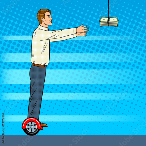Man on gyroboard chase money pop art vector