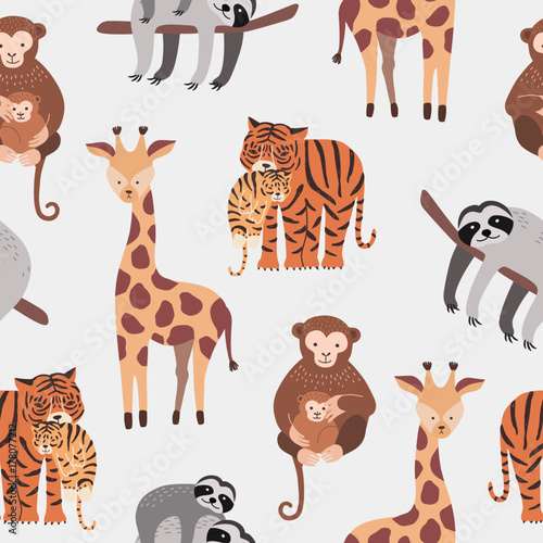 Seamless pattern with various cute and funny cartoon zoo animals on white bac...