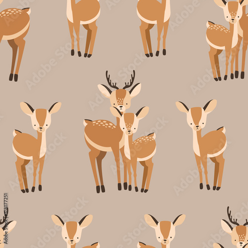 Beautiful seamless pattern with adult and baby deers on brown background. Bac...