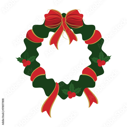wreath with red ribbon and bow christmas related icon image vector illustration design 