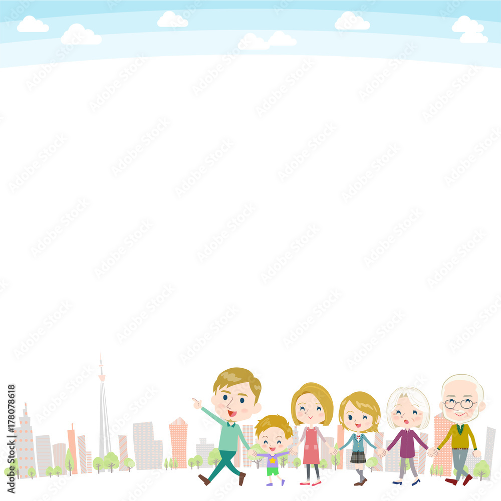Hand holding family three generations White_Walking city White back Hand holding family three generations White_Walking city White back