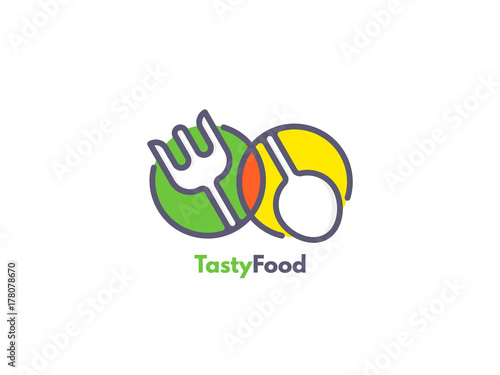 Food logo like icon. Fork and Spoon inside circles. Catering concept.
