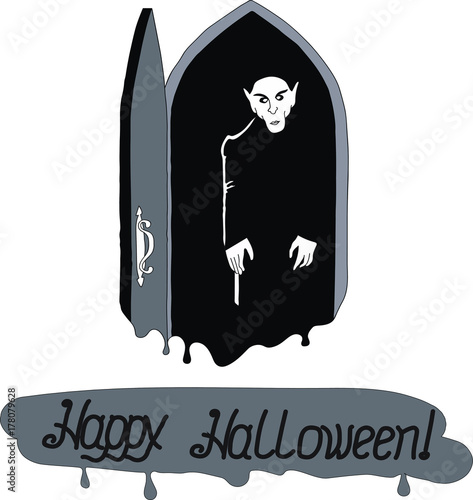 Halloween Dracula Vampire Figure Cartoon Style. Hand Written Lettering Text Happy Halloween. Vector Illustration. Greeting Card Poster Template.