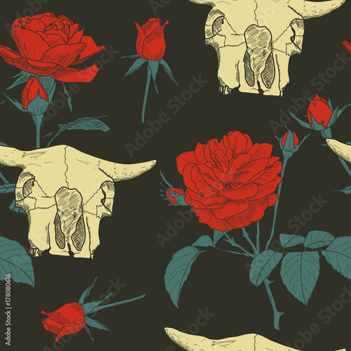 Beautiful seamless pattern with hand drawn head skull of animal and red roses
