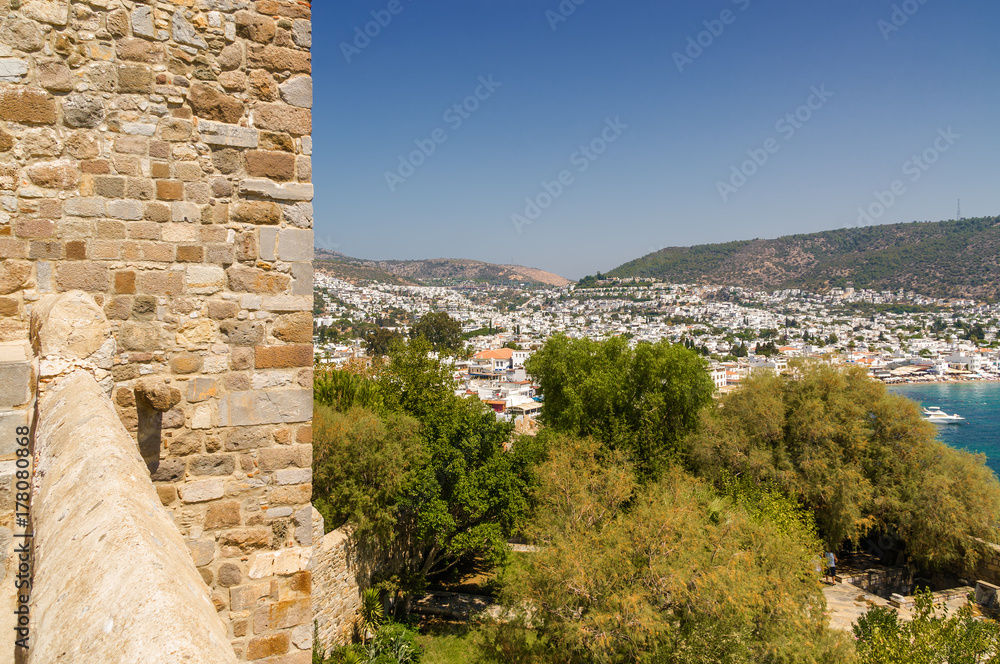 Fototapeta premium Sunny view of harbour from Castle of St. Peter, Bodrum, Mugla province, Turkey.