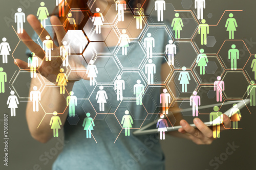  hand of businessman and social network on tech 