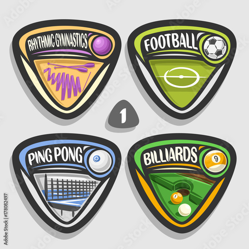Vector set of sport logos, 4 triangle simple badges with balls, sports signs of minimal design with game equipment for sporting club or school, original type for title words of different kind of sport