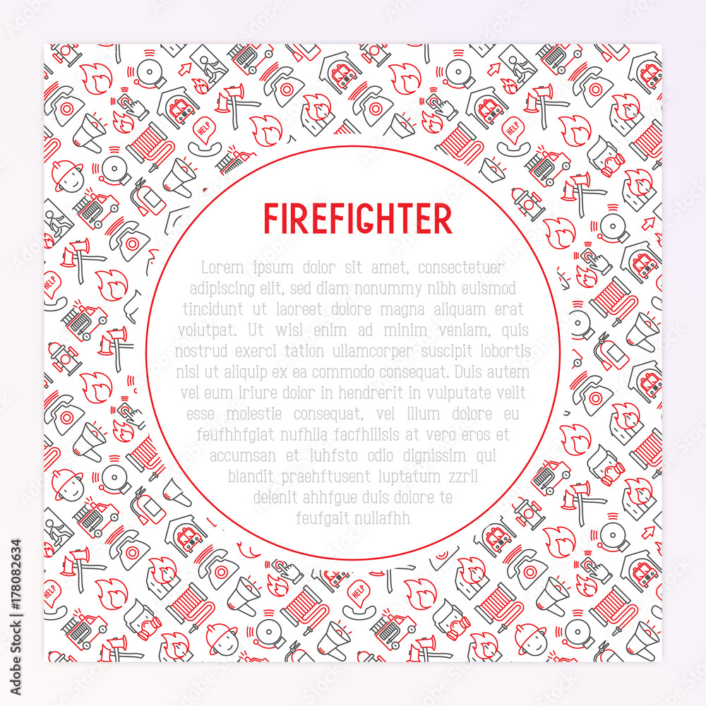 Firefighter concept with thin line icons: fire, extinguisher, axes, hose, hydrant. Modern vector illustration for banner, web page, print media with place for text inside. Firefighter concept with thin line icons: fire, extinguisher, axes, hose, hydrant. Modern vector illustration for banner, web page, print media with place for text inside.
